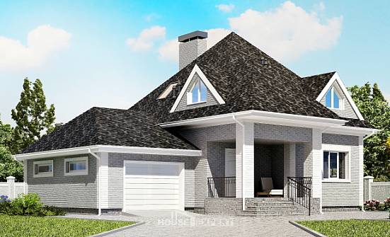 135-001-Л Проект двухэтажного дома мансардой, гараж, небольшой загородный дом из кирпича Прохладный | Проекты домов от House Expert
